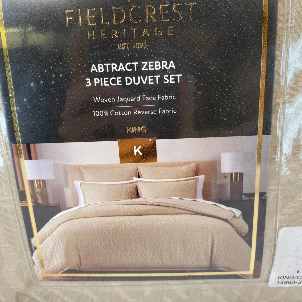 Fieldcrest Heritage Duvet Set King Flax Abstract Zebra Jacquard Textured Safari